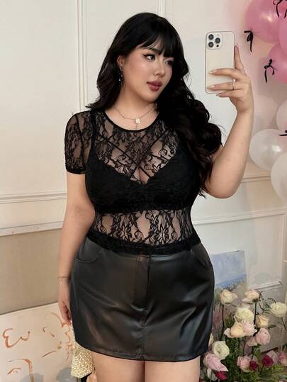 CovetEZ Plus Size Sheer Mesh Elastic Sexy Black Blouse For WomenValentine's Day See Through Toplace Lacey Top Black See Through Top Plus Size Sheer Top Black Mesh Top See Through Tops