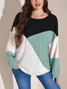 SHEIN LUNE Sudadera holgada de cuello redondo con mangas farol y contraste de color, ropa de otoño talla grande - Agua verde azul - Ver 1