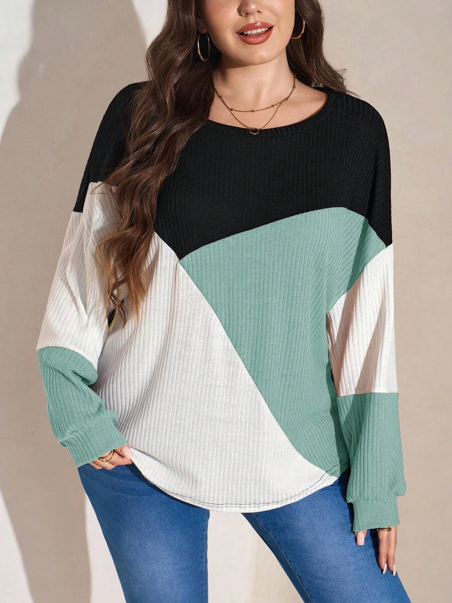SHEIN LUNE Sudadera holgada de cuello redondo con mangas farol y contraste de color, ropa de otoño talla grande - Agua verde azul - Ver 1