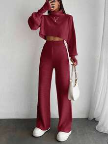 EURMUSE Women Simple Solid Color Long Sleeve Turtleneck Sweater And Pants 2 Pieces Set - Burgundy - View 7