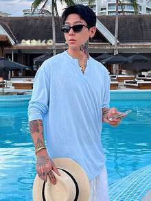 DAZY Men's Crinkle Texture V-Neck Cardigan Sweater, Summer - Blue - View 3