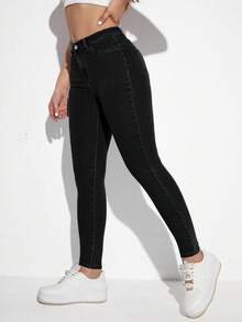 SHEIN ICON Plus Size Women's Casual Daily Denim Jeans With Pockets And Buttons - Black - View 3
