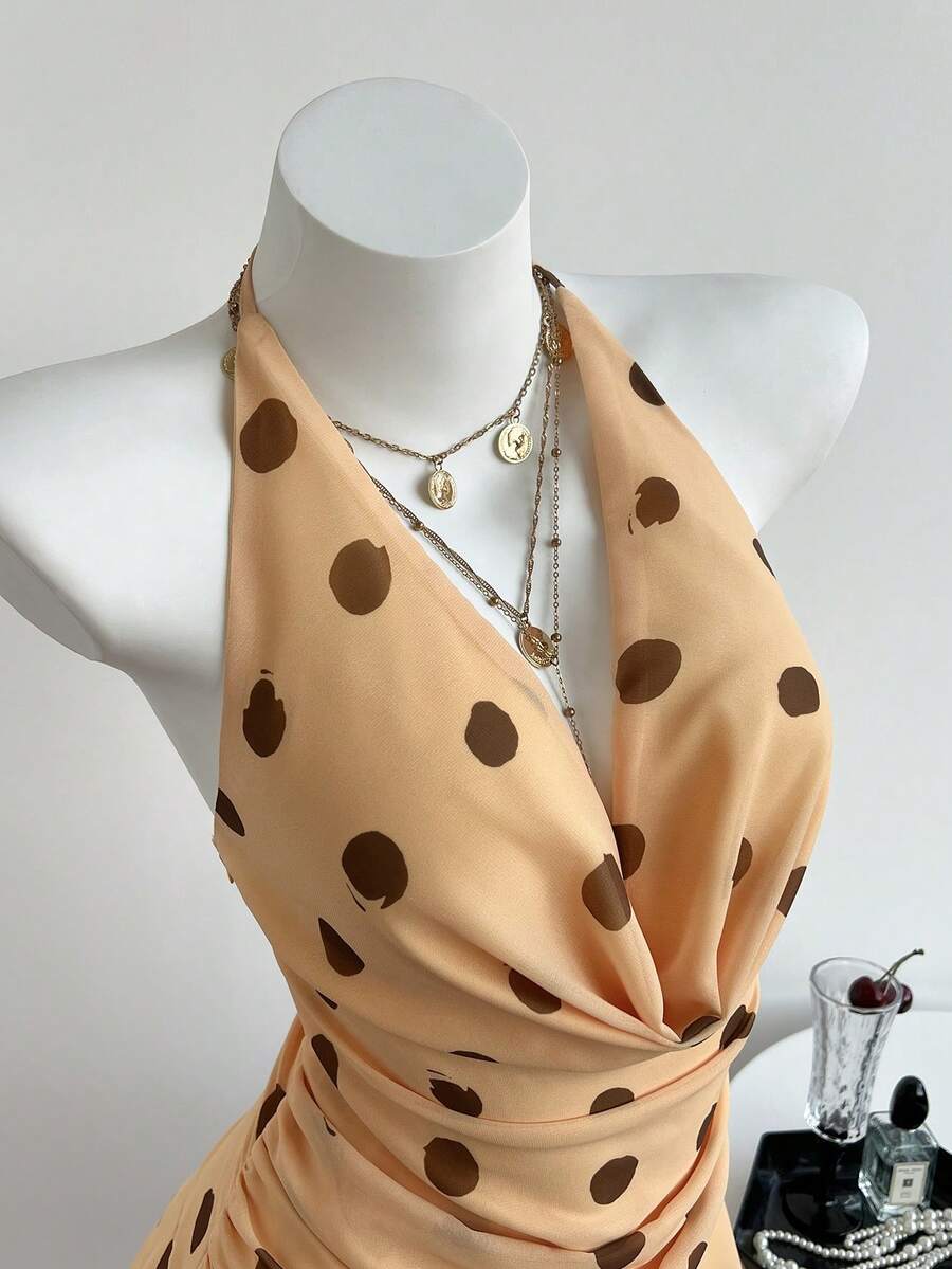 Elamini 夏季度假波点雪纺性感露背吊带紧身连衣裙 - 黃色 - 查看 1