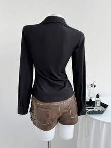 Elamini Sexy Black Deep V-Neck Lace Collar Slim Fit Long Sleeve Blouse - Black - View 2