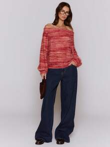 MUSERA 露肩超大款条纹针织毛衣，适合休闲外出、秋季、夜晚约会、春夏等各种场合，舒适又优雅。 - 紅色 - 查看 2