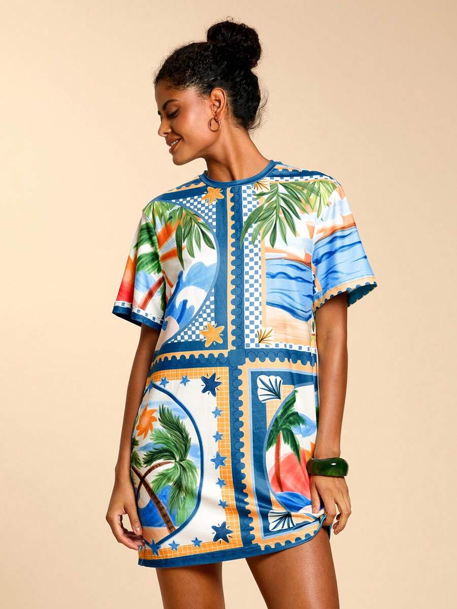 Travachic Vestido Casual Feminino de Gola Redonda e Manga Curta com Estampa Tropical, Ideal para Férias - Multicolorido - Visão 1