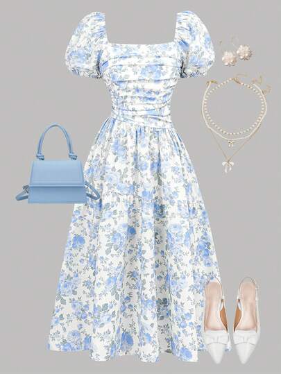 Girlism Vestido midi asimétrico con estampado floral azul para adolescentes, elegante y casual, adecuado para volver al colegio, reuniones, bodas, dama de honor, baile de graduación, eventos nocturnos. Vestido de deslizamiento con parche de moño de color contrastante, adecuado para fiestas, bodas, eventos de jardín, elegancia para ir y venir, compras, adecuado para bodas, fiestas de cumpleaños, bailes y ocasiones de damas de honor.