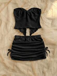 SHEIN Tween Girl Loose Casual Minimalist Comfortable Asymmetric Hem Tank Top And Skirt 2 Pieces Set - Black - View 2