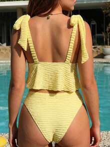 Swim Mod Bellisia Women's Special Textured Fabric Halter Top And Bikini Bottom Set, Vacation Beach Holiday Swimsuit Knitted Bathing Suit Yellow Bathing Suit Set Lemon Bathing Suit Yellow Tankini Ruffle Bathing Suit Ruffle Swimsuit Yellow Swimsuit