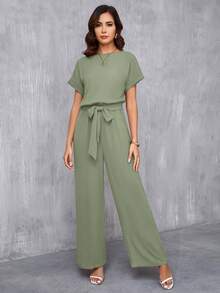 SHEIN Clasi Women's Elegant Round Neck Jumpsuit With Waist Belt And Wide Leg - Mint Green - View 3