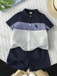 2pcs Baby Boy Summer Colorblock Polo Collar Short Sleeve Cardigan Top And Solid Elastic Waist Shorts Set, Casual School Style Suitable For Outings, Home, And School