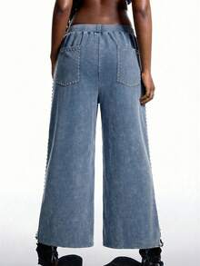 LYSMO 大码 Y2K 街头风宽松运动裤，饰有水钻，舒适，藏蓝色，秋冬款 - 藏蓝色 - 查看 2