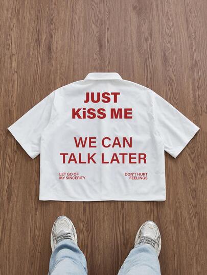 Manfinity ZONE917 Plus Size Men's Casual Loose Fit Red "JUST " Slogan & White Graphic Print Shirt