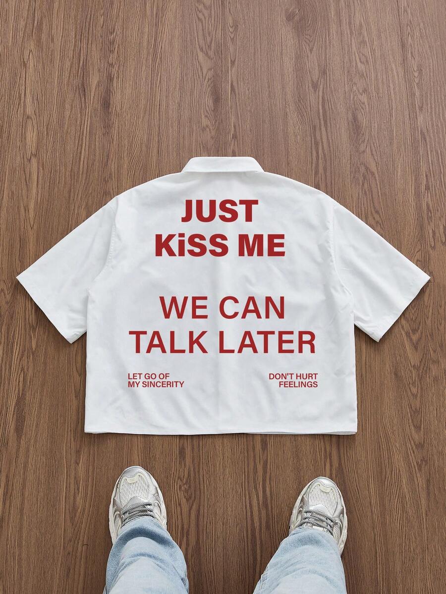 Manfinity ZONE917 Plus Size Men's Casual Loose Fit Red "JUST " Slogan & White Graphic Print Shirt - White - View 1