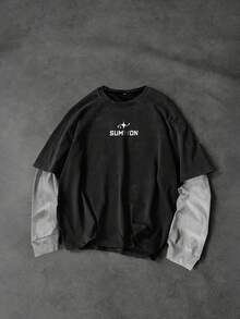 SUMWON Sweatshirt Leher Bulat Hitam Pudar Lengan Panjang Streetwear Kasual Atasan Berlapis Gaya Vintage Mode Urban - Hitam - View 3