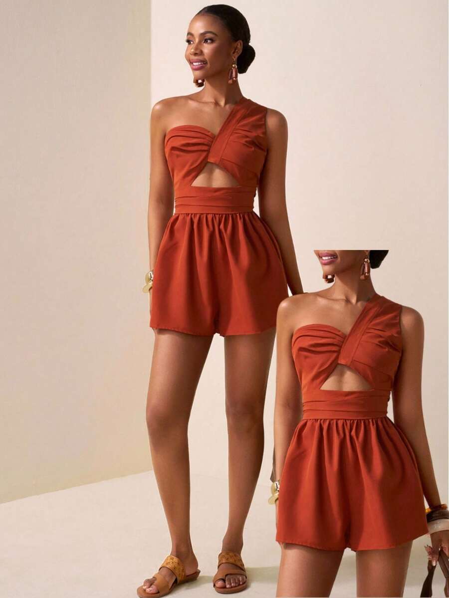 Zivah 2025 春夏新品,音乐节,复活节,圣帕特里克节,西方风格,游牧风格,生日派对,毕业季,学院风,学生日常穿着,百搭百搭,休闲,度假,巡游,海滩,日光浴,设计,街头风格,优雅绿色纹理面料吊带褶腰阔腿短裤连体裤 - B - 鏽棕色 - 查看 1