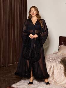 Slumberist Plus Size Women 3D Floral Lace Contrast Mesh Sheer Luxurious Long Robe Sheer Robe Night Dress Plus Size - Black - View 6