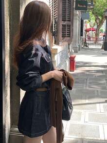 DAZY Vintage Style Lapel Button Down Cinched Waist Blue Casual Denim Dress For Women - Navy Blue - View 8