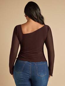 SHEIN BAE Áo thun dài tay ôm dáng, màu trơn, cổ lệch, dây rút, xếp ly, xẻ tà, dành cho nữ cỡ lớn, thích hợp mặc hàng ngày đi làm, mùa xuân/thu. - Cà phê nâu - Xem 2