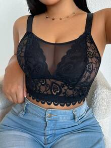 DesireSculpt 1 pieza Sujetador inalámbrico transparente con aplicaciones de encaje para tallas grandes - Negro - Ver 4