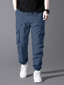 Manfinity Homme Men's Solid Color Slant Pocket Casual Versatile Jogger Pants Men Cargos Blue Cargo Pants Men Men Street Wear Pants - Navy Blue - View 7