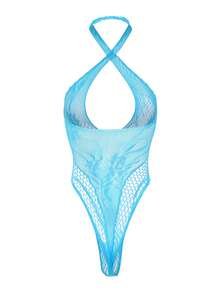 SHEIN Women's Sexy Bodysuit Blue Fishnet Bikini Sleeveless High Stretch Fishnet Bodysuit, Suitable For Beach, Seashore, Party, And Gathering For Going Out - Blue - View 2