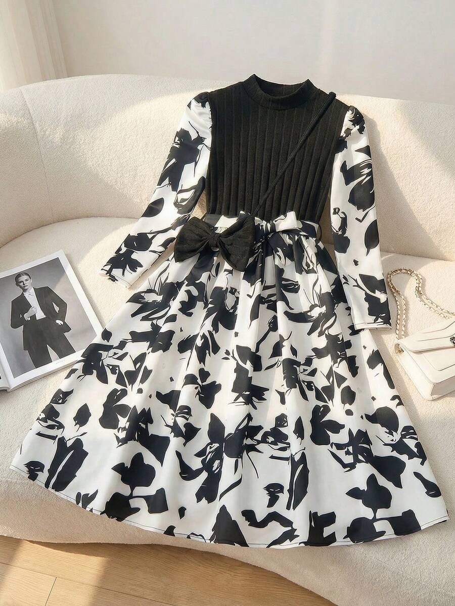 Tween Girl Elegant White Floral Long Sleeve Dress,Autumn Cocktail Ribbed Knit Color-Blocking Knee-Length Belted Voluminous Skirt With Large Bow Detail - Black and White - View 1