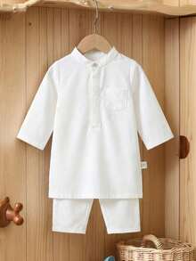 SHEIN Toddler Infant Baby Boys Traditional Casual Long Sleeve Stand Collar Button Half-Open Front Pocket Robe Top, Adjustable Sleeve Length, Side Slit Hem Design, Arabic Dishdasha, Islamic Clothing, Kaftan, Saudi Arabian Outfit, Infant Robe, Boys White Kurta, Boys White School Thobe, Boys Kurtas, Basic Silhouette Suitable For Spring, Summer, Autumn, Winter,3M-3T Baptism Clothes Boy Baby Partywear White Muslin Baby Boy Christening Outfit