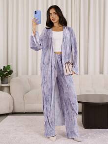 Veilorie 2pcs Women All-Over Print Long Sleeve Top And Elastic Waist Pants Set Lavender Outfit Woman Lavender Two Piece Set Pleated Set Woman Modest Sets For Women Lavender Pants Set - Multicolor - View 6