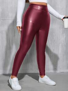 SHEIN Essnce Quần legging da PU co giãn màu đen, lót giữ nhiệt, thời trang thường ngày cho nữ cỡ lớn mùa thu đông, quần nữ, trang phục mùa đông, quần ôm dáng, thời trang đường phố, quần da, quần legging lông cừu, quần legging lót giữ nhiệt, quần legging ấm áp, quần tất nữ. - Màu Đỏ Sâu - Xem 6