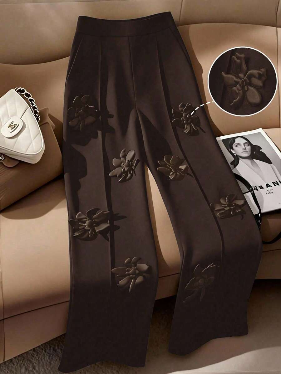 GlowEve CURVE Quần ống loe nữ cỡ lớn màu trơn thanh lịch với họa tiết hoa 3D, hai túi, thời trang, đa năng, cá tính. - Cà phê nâu - Xem 1