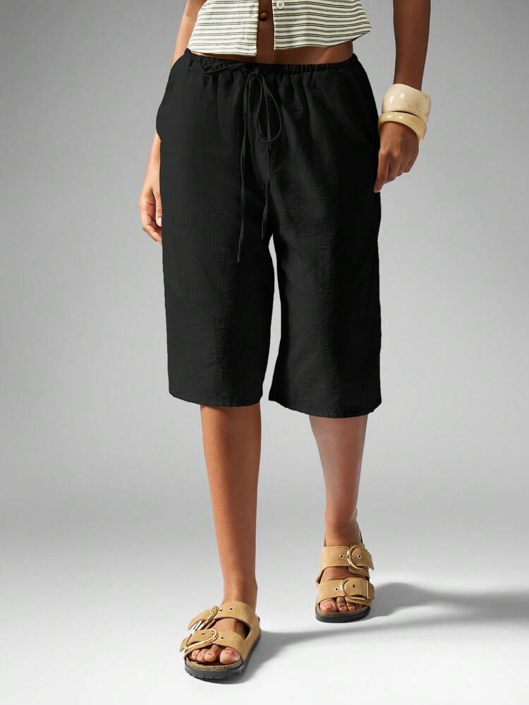MISSGUIDED Pull On Linen Feel Look Long Bermuda Shorts With Drawstring Waist And Side Pockets For Summer Comfort