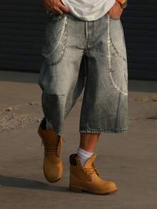 DAZY Men's Distressed Washed Grey Patterned Digital Print Denim Shorts, Summer - Grey - View 5