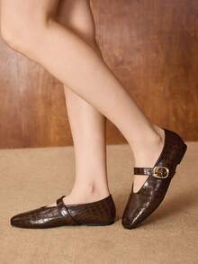 MOTF PREMIUM WOMEN'S CASUAL CROCODILE PATTERN COMFORTABLE VERSATILE MARY JANE SQUARE TOE FLAT SHOES FOR CHRISTMAS SPRING SHOES - Coffee Brown - View 5