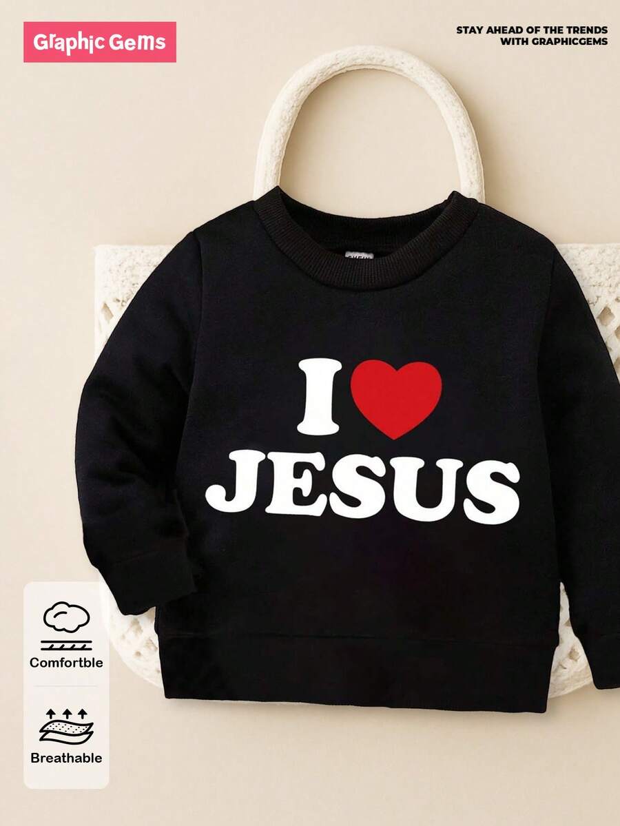 GraphicGems Baby Girl Letter & Heart Printed Crew Neck Casual Sweatshirt, Black - Black - View 1