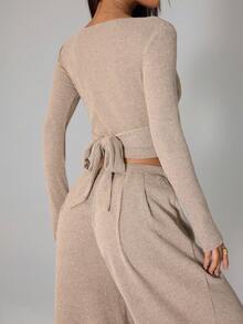 SHEIN PETITE Women's Light Beige Casual Ribbed Long Sleeve T-Shirt And Pants Two Pieces Comfy Lounge Set For Autumn , Petite Women - Khaki - View 6