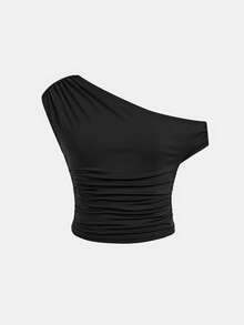 SHEIN Camiseta corta ajustada sin mangas con hombro asimétrico oblicuo y fruncido lateral para niña preadolescente - Negro - Ver 2