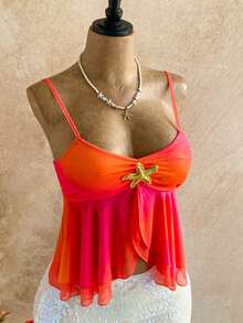 Soleia 女士度假渐变珊瑚橙海星装饰双层下摆吊带背心，休闲、约会、情人节、下午茶、海滩、邮轮、城市度假、音乐节、波西米亚风，四季皆宜，适合日常通勤、夏季日落色彩、海滩俱乐部、泳池派对、情人节、狂欢节日落色彩、哈瓦那之夜等场合。 - 亮橙色 - 查看 8