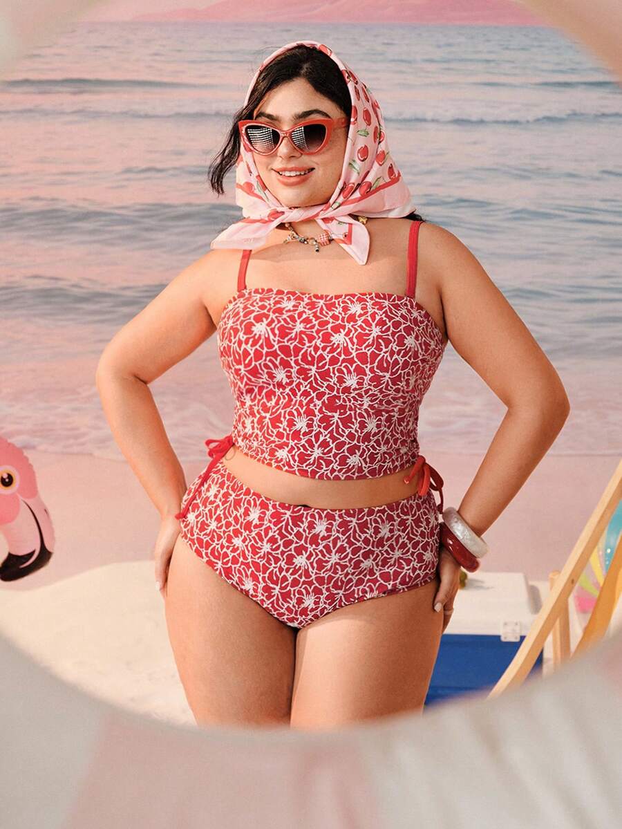 Swim Mod 大码女式纹理面料吊带背心比基尼套装，适合海滩度假、春夏穿着 - 彩色 - 查看 1
