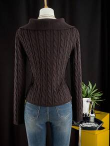 Flirla Plus Size Women Casual Turndown Collar Twist Rope Cable Knit Long Sleeve Pullover Sweater - Coffee Brown - View 2