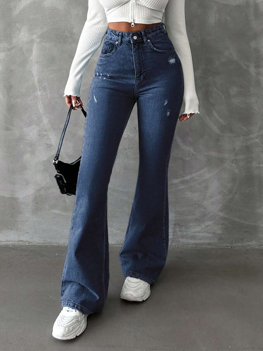 EURMUSE 98%Cotton Zipper Fly Distressed Bell Bottom Jeans - Medium Wash - View 1