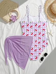 SHEIN Bộ đồ bơi liền thân cho bé gái tuổi teen 13-16 tuổi, họa tiết kẻ caro tím và quả anh đào, kèm váy voan mỏng, kiểu dáng ngọt ngào, thời trang cho kỳ nghỉ biển của các bạn nữ. - Nhiều màu - Xem 2