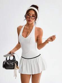 Dewbera 女士荷叶边露背运动连衣裙 - 白色 - 查看 7