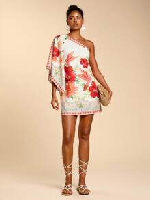 Travachic 热带印花度假风不对称复古休闲连衣裙，适合狂欢节、春假、夏季、情人节、海滩、休闲度假、外出等场合，单袖设计，休闲度假装。 - 紅色 - 查看 3