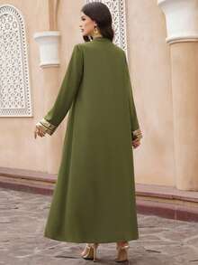 Al Najma Damen V-Ausschnitt Raglanärmel Fransen Saum Vintage Türkisches Maxikleid - Grün - Übersicht 7