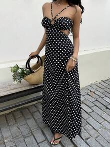 Sunnyshic 女士波点圆圈连体性感约会派对长吊带连衣裙 - 黑與白 - 查看 4