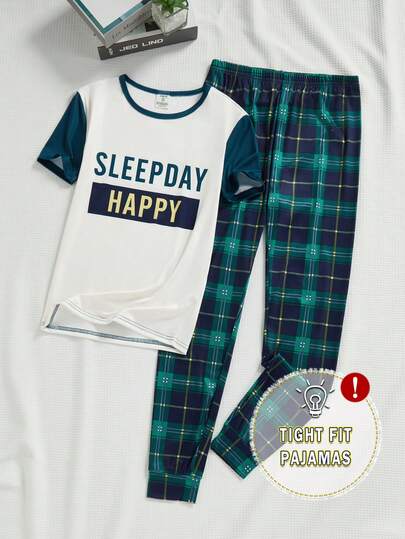 1 Conjunto de Camiseta de manga corta con cuello redondo y texto en inglés sencillo en color albaricoque, pantalones pitillo a cuadros verdes, hecho de tela elástica suave y cómoda, conjunto de ropa de primavera/verano para adolescentes