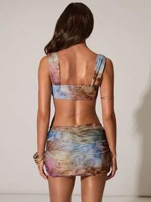 SHEIN BAE Bộ đồ nữ mùa xuân/hè gồm áo đính dây xích và chân váy xếp ly in hoa, trang phục đi nghỉ mát cho phái nữ, thích hợp cho kỳ nghỉ, đi chơi với bạn bè, du lịch, bộ đồ đính hạt. - Bụi tím - Xem 2