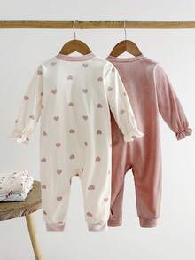 SHEIN Baby Girls' Cute Heart Print Contrast Color Korean Fleece Knit Long Sleeve Romper, Comfortable Fabric, Suitable For Daily Wear, Autumn/Winter - Multicolor - View 2