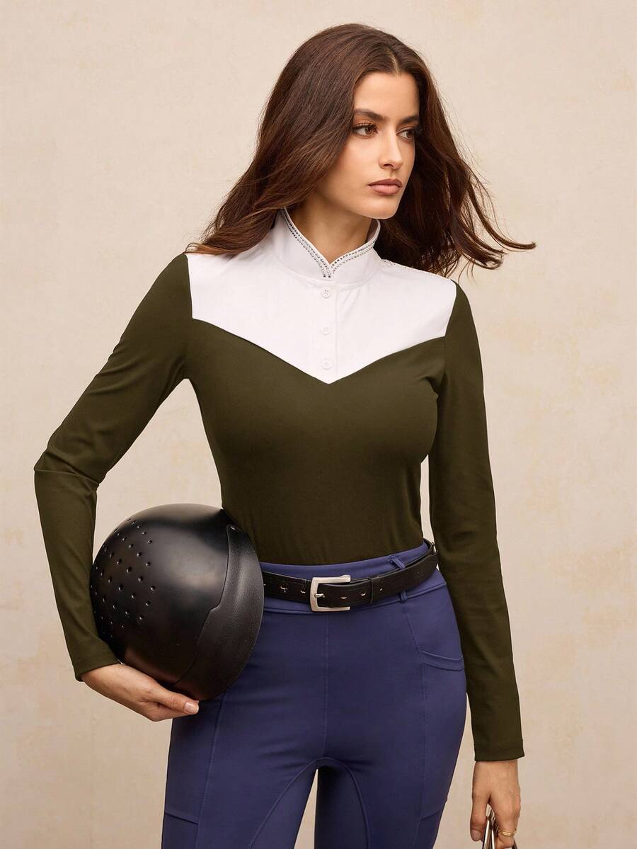 Activina Women's Casual Colorblock Rhinestone Button Half-Zip Equestrian Jacket - Coffee Brown - View 1